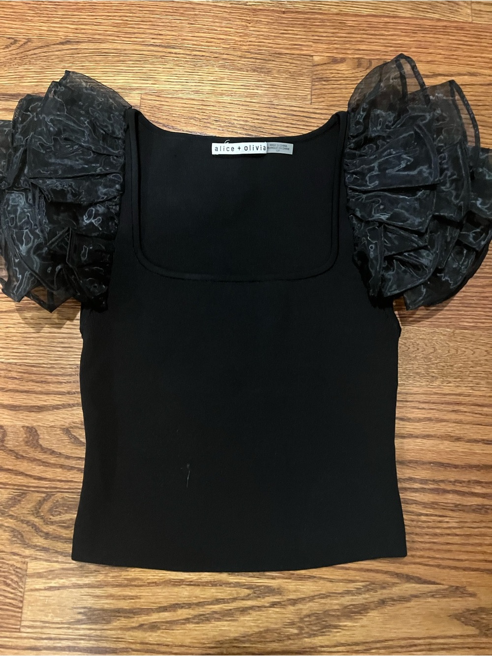 Alice + Olivia Black Square-Neck Puff-Sleeve Top